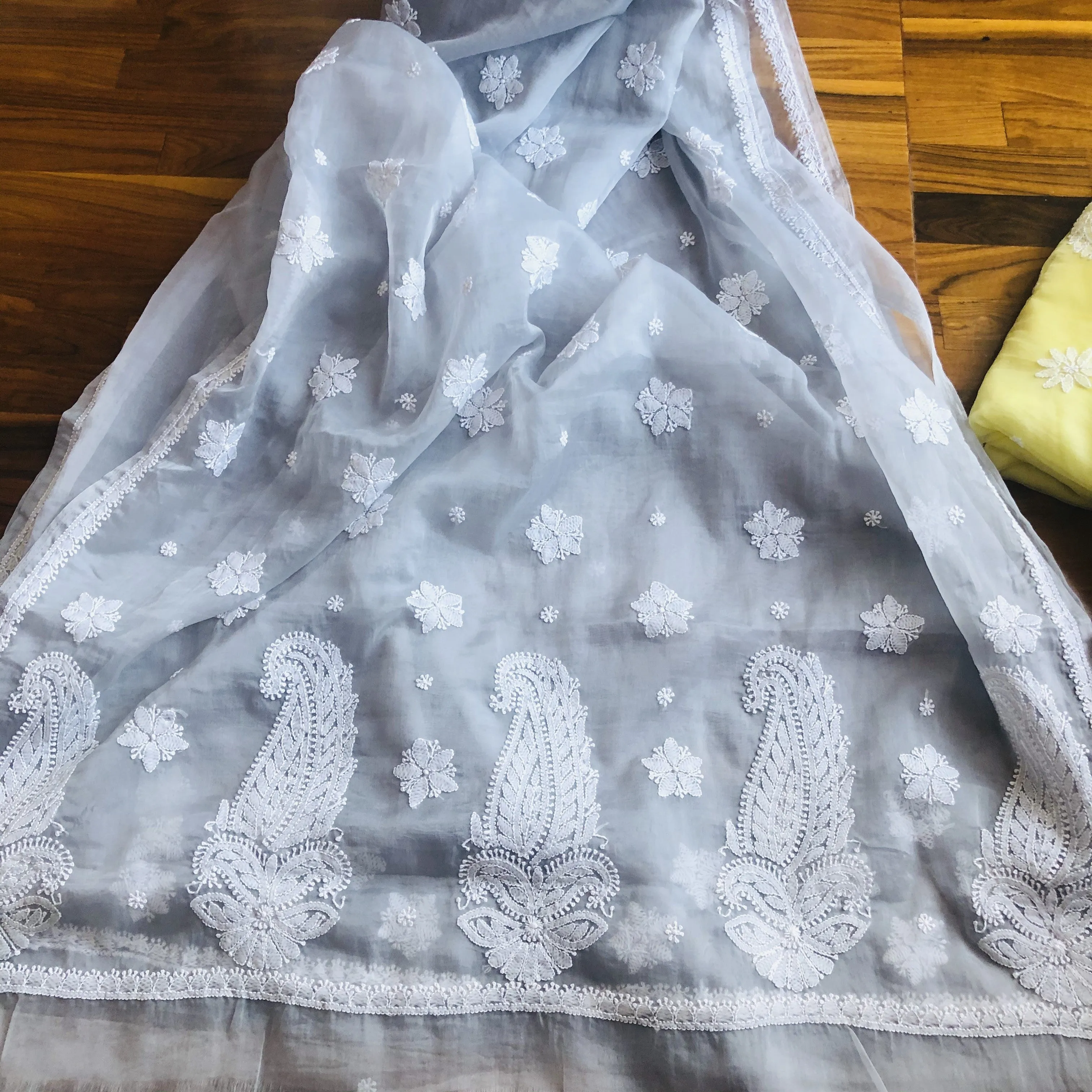 Organza Chikankari Saree In Grey
