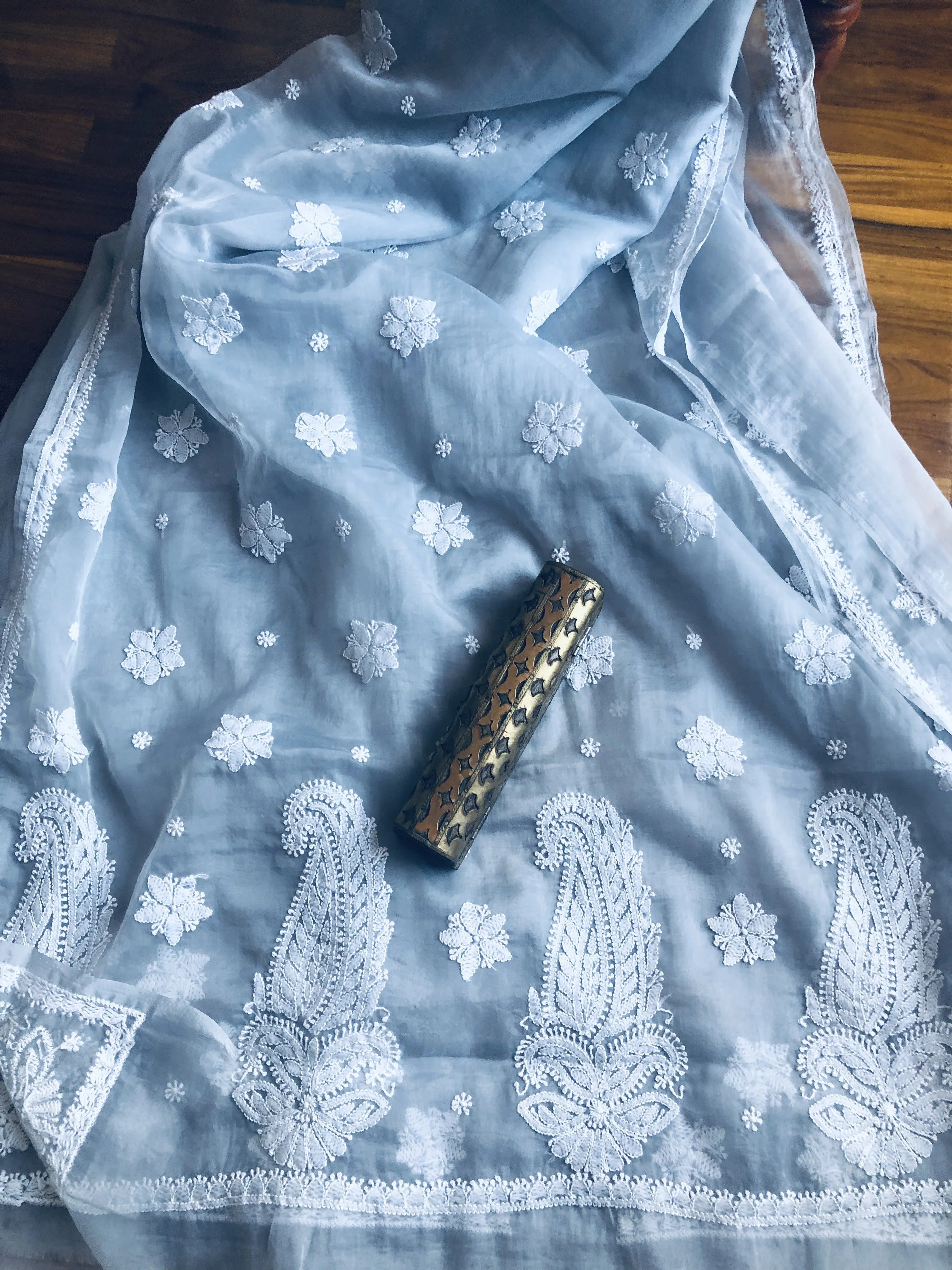 Organza Chikankari Saree In Grey