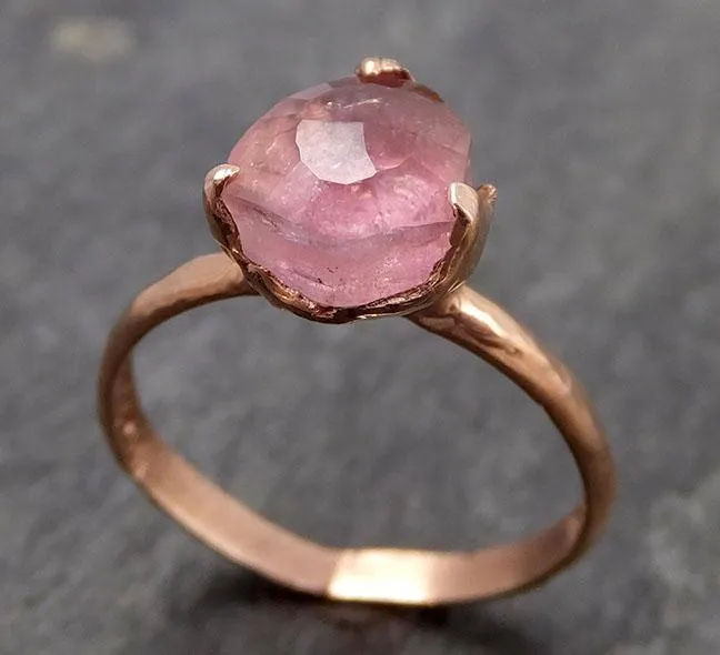 Partially faceted Pink Tourmaline Rose Gold Ring Gemstone Solitaire recycled 14k statement cocktail statement 0857
