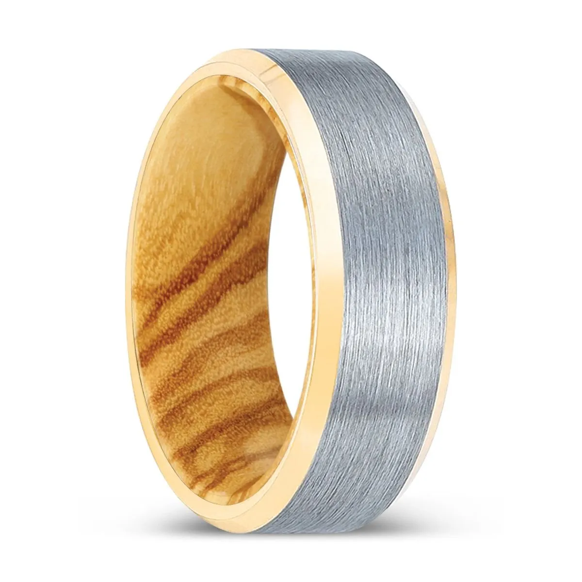 PEACHPAW | Olive Wood, Brushed, Silver Tungsten Ring, Gold Beveled Edges