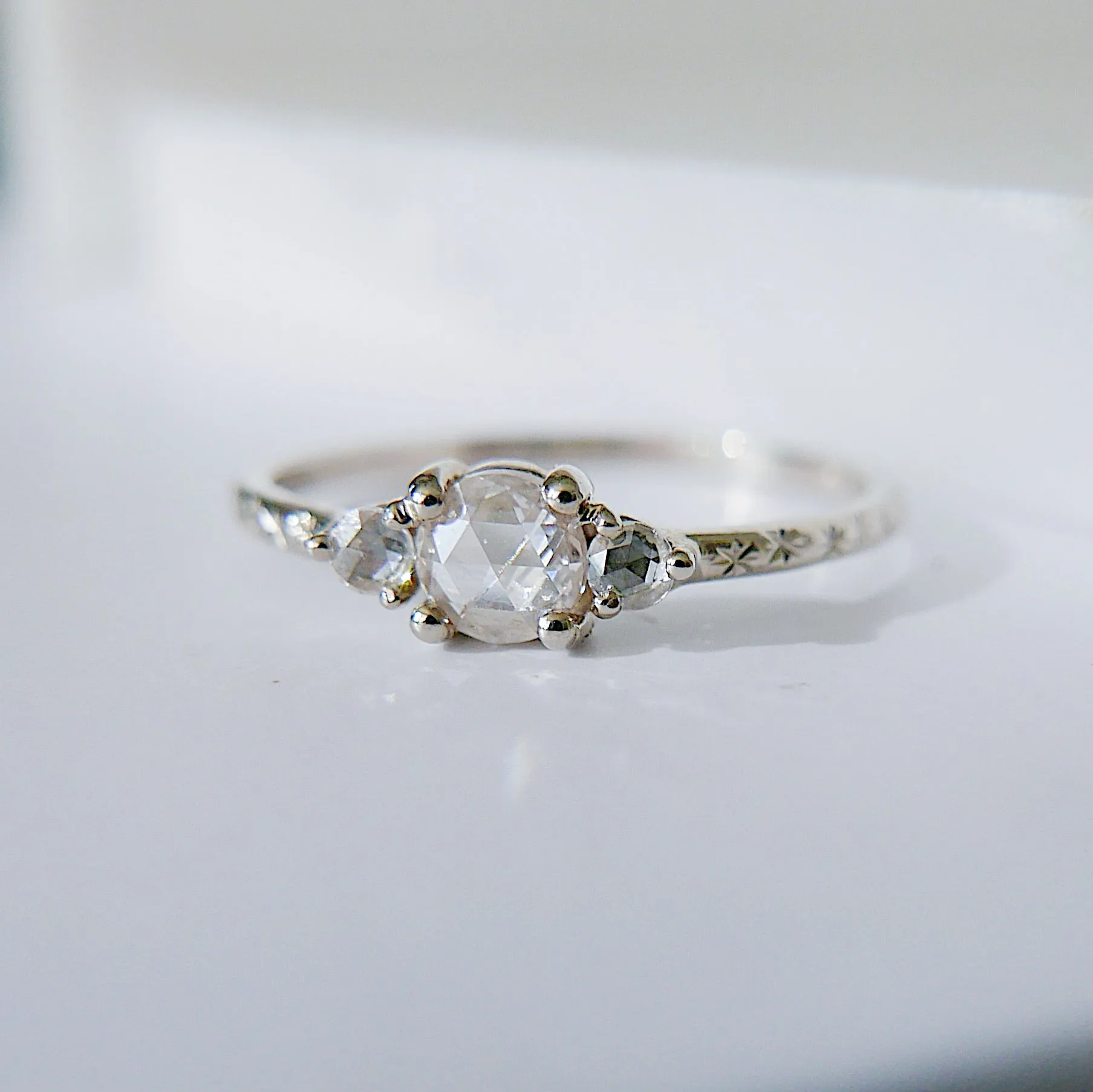 Penny Dewdrop RoseCut Rustic Diamond Engraved One of a Kind Band Ring
