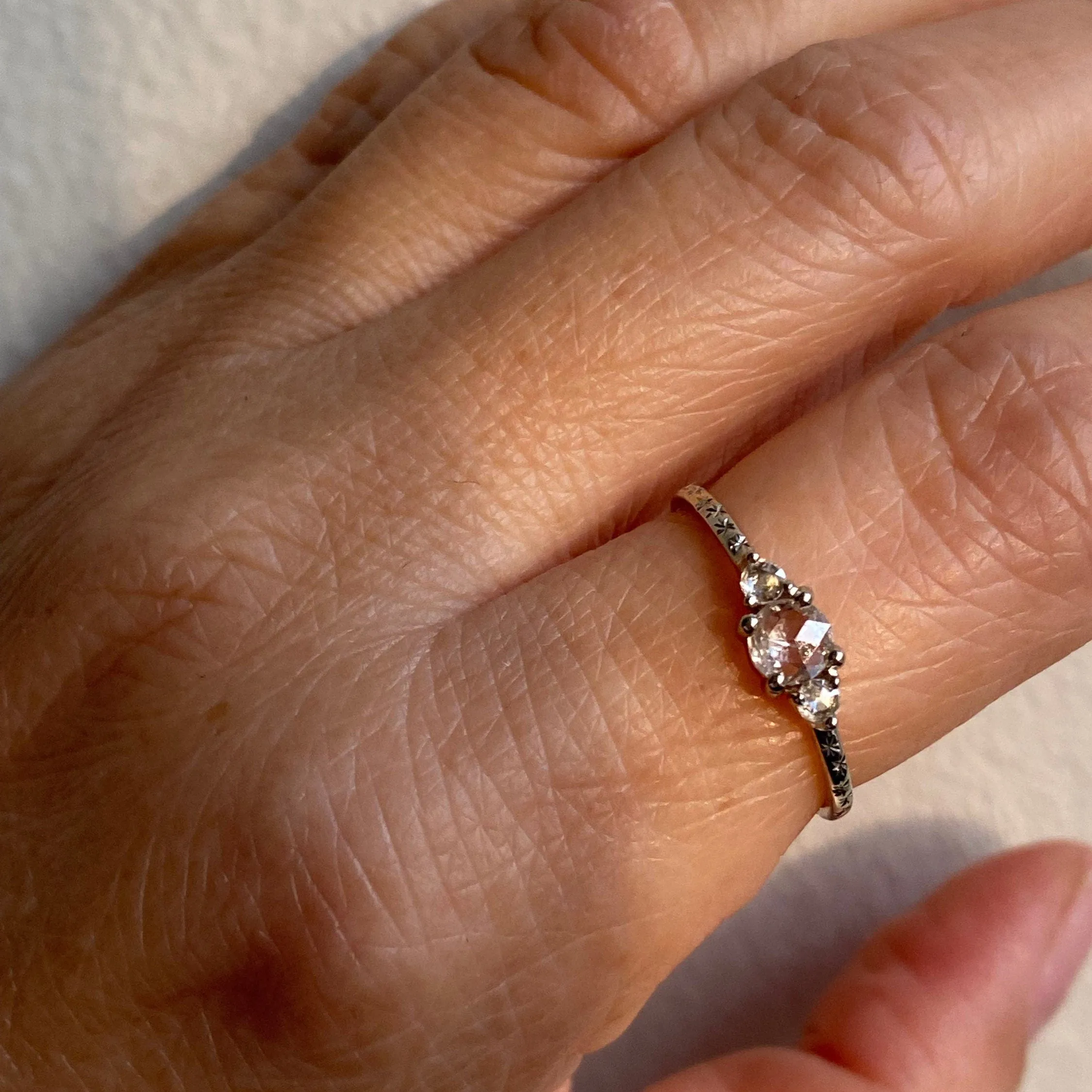 Penny Dewdrop RoseCut Rustic Diamond Engraved One of a Kind Band Ring