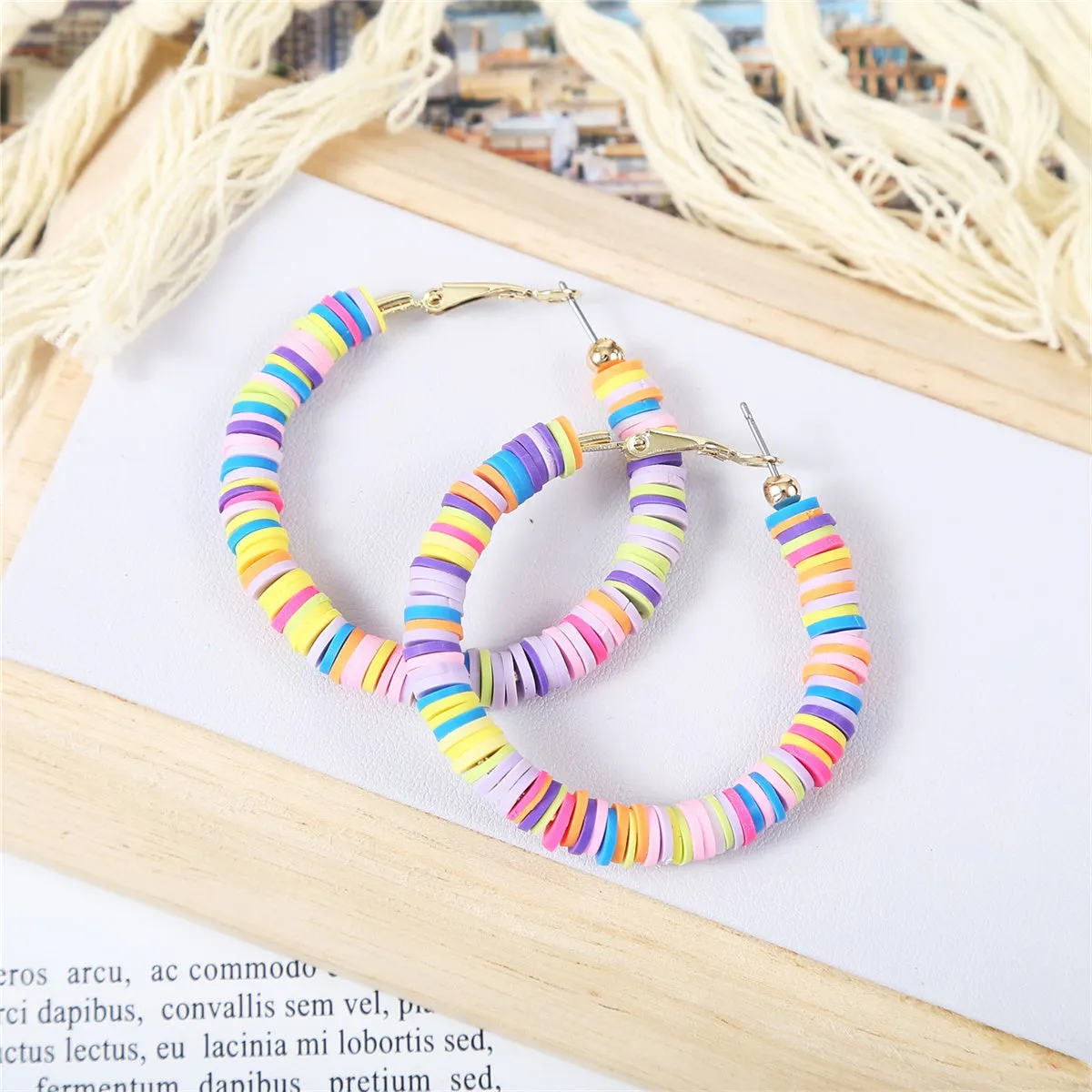 Pink Multicolor Polymer Clay & 18K Gold-Plated Beaded Hoop Earrings
