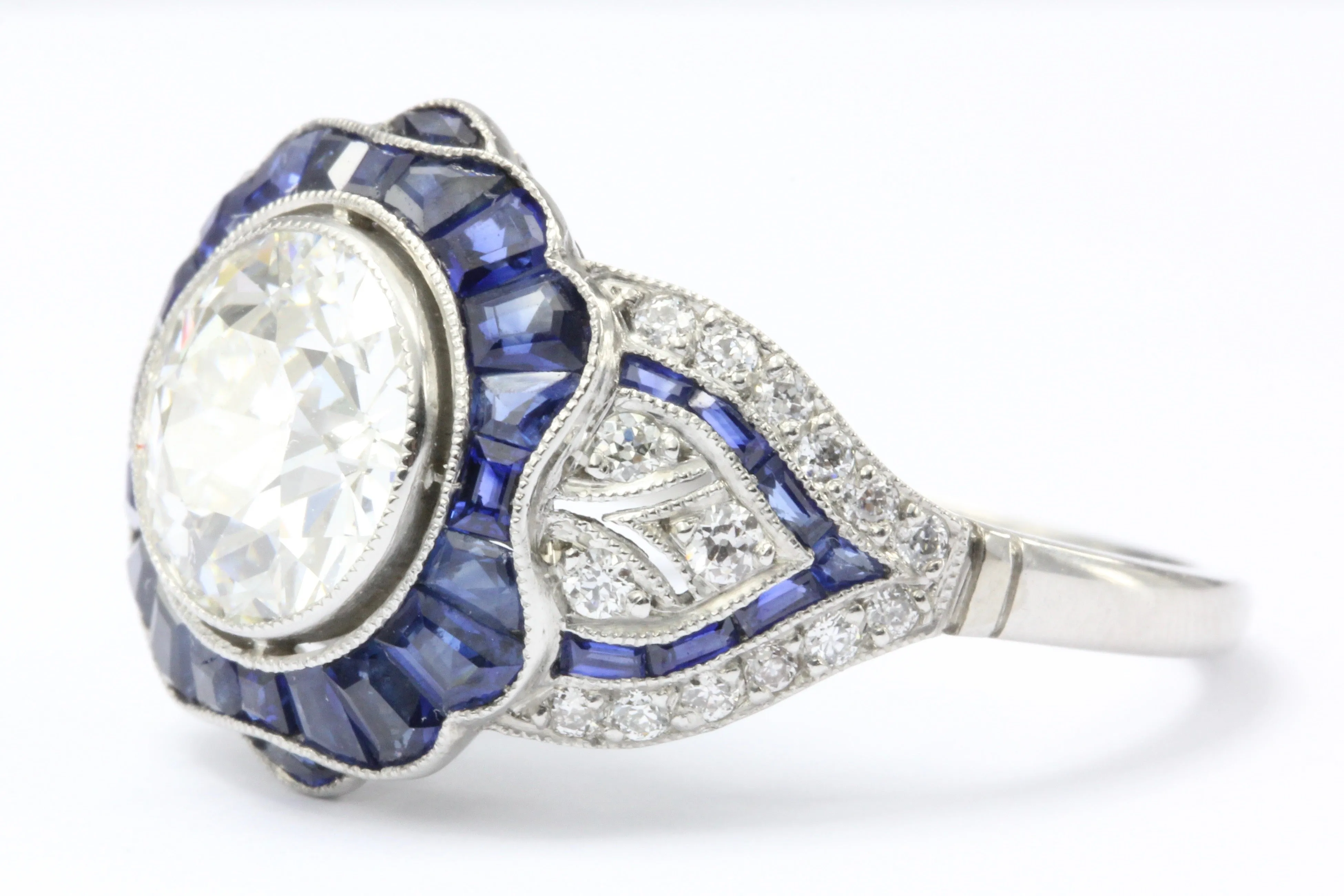 Platinum Art Deco Style 2.07 carat Old European Cut Diamond & Calibre Blue Sapphire Ring