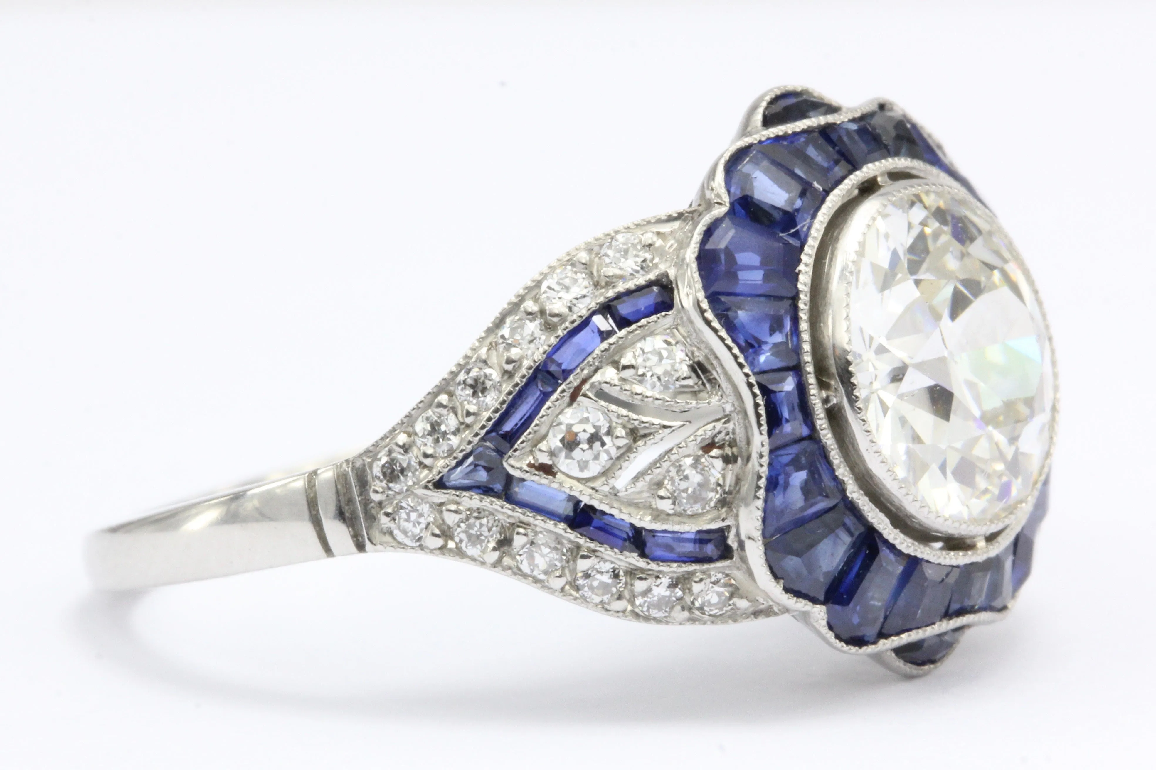 Platinum Art Deco Style 2.07 carat Old European Cut Diamond & Calibre Blue Sapphire Ring
