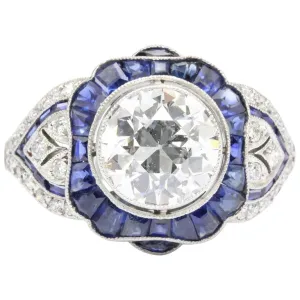 Platinum Art Deco Style 2.07 carat Old European Cut Diamond & Calibre Blue Sapphire Ring
