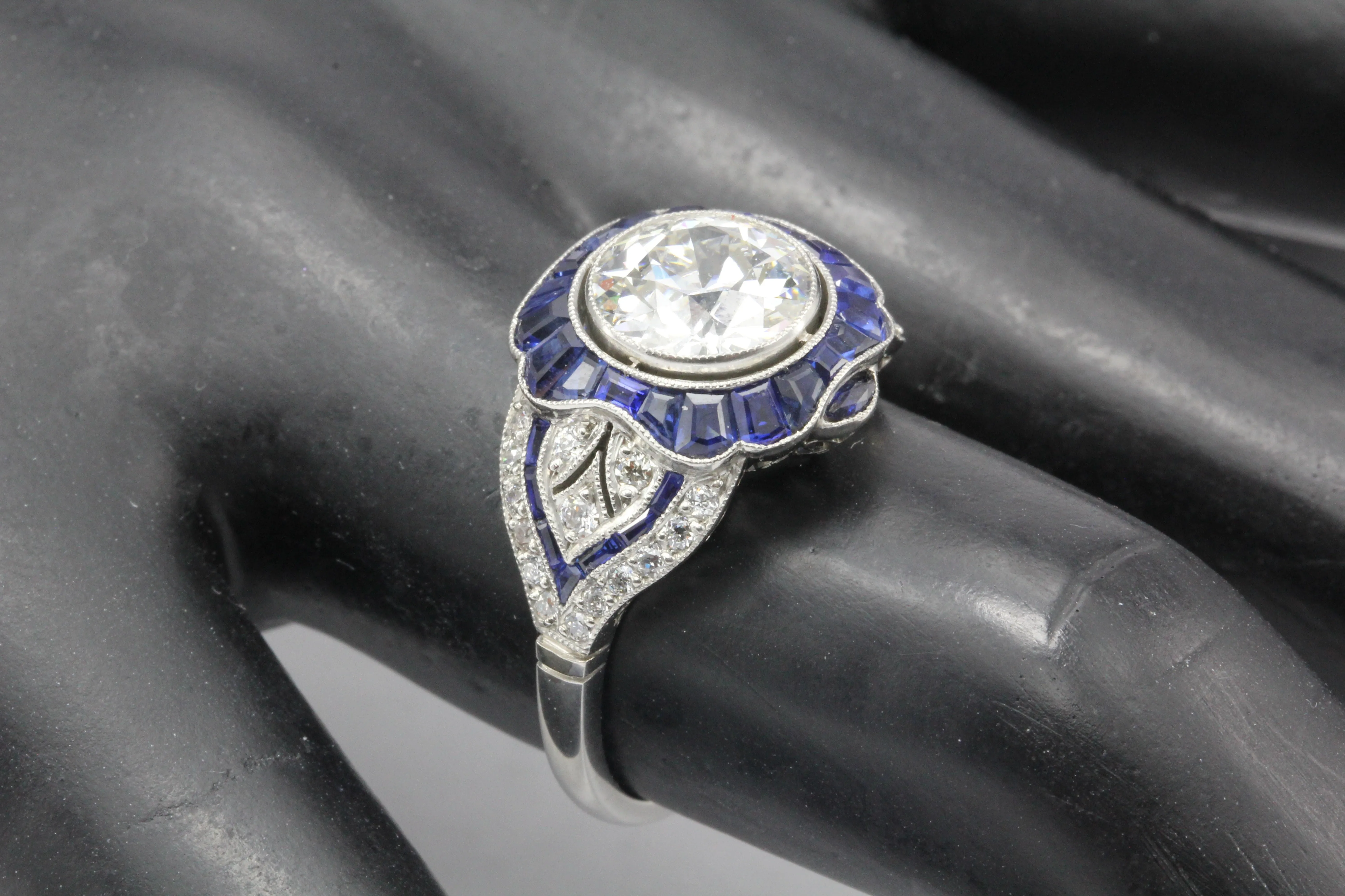 Platinum Art Deco Style 2.07 carat Old European Cut Diamond & Calibre Blue Sapphire Ring