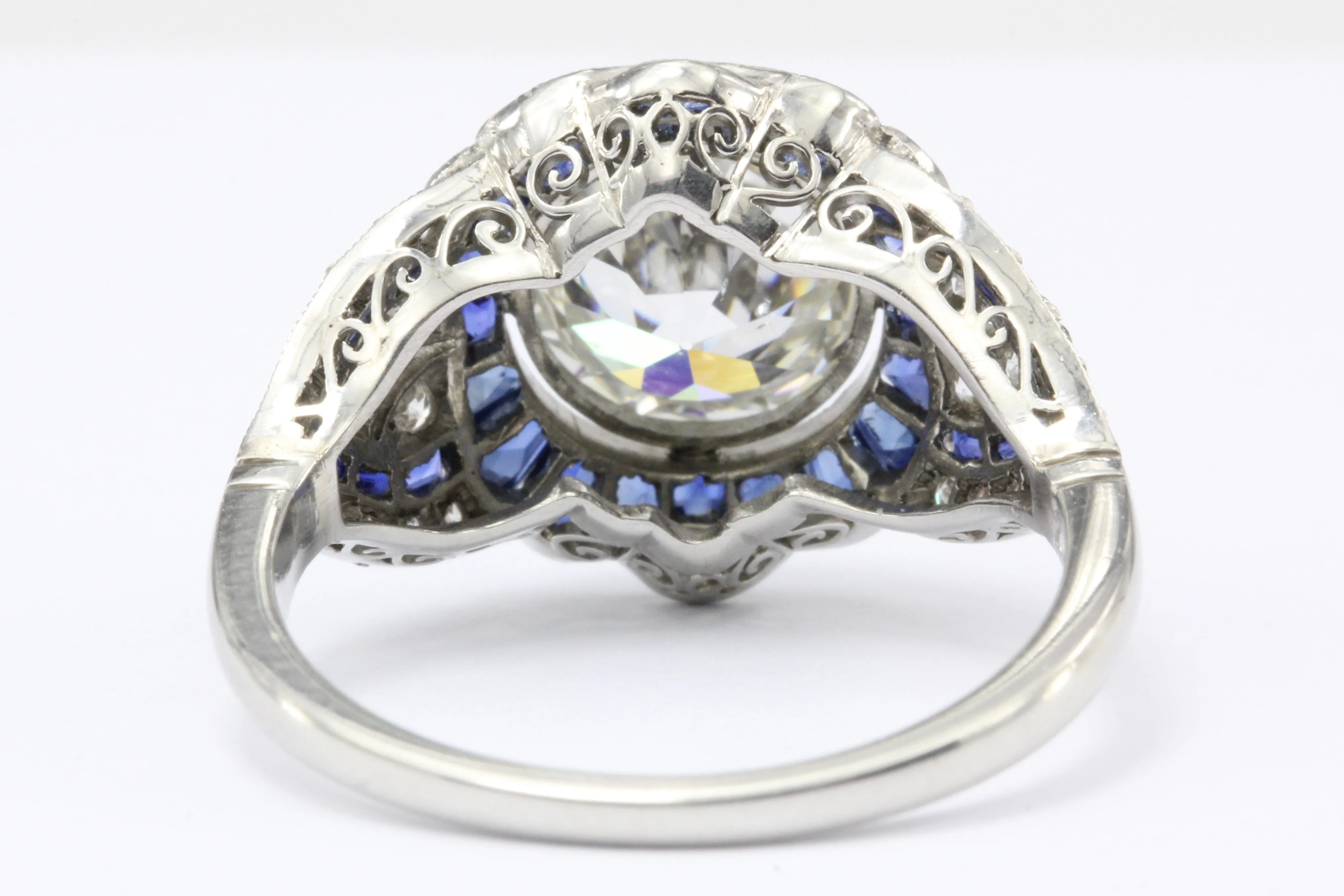 Platinum Art Deco Style 2.07 carat Old European Cut Diamond & Calibre Blue Sapphire Ring
