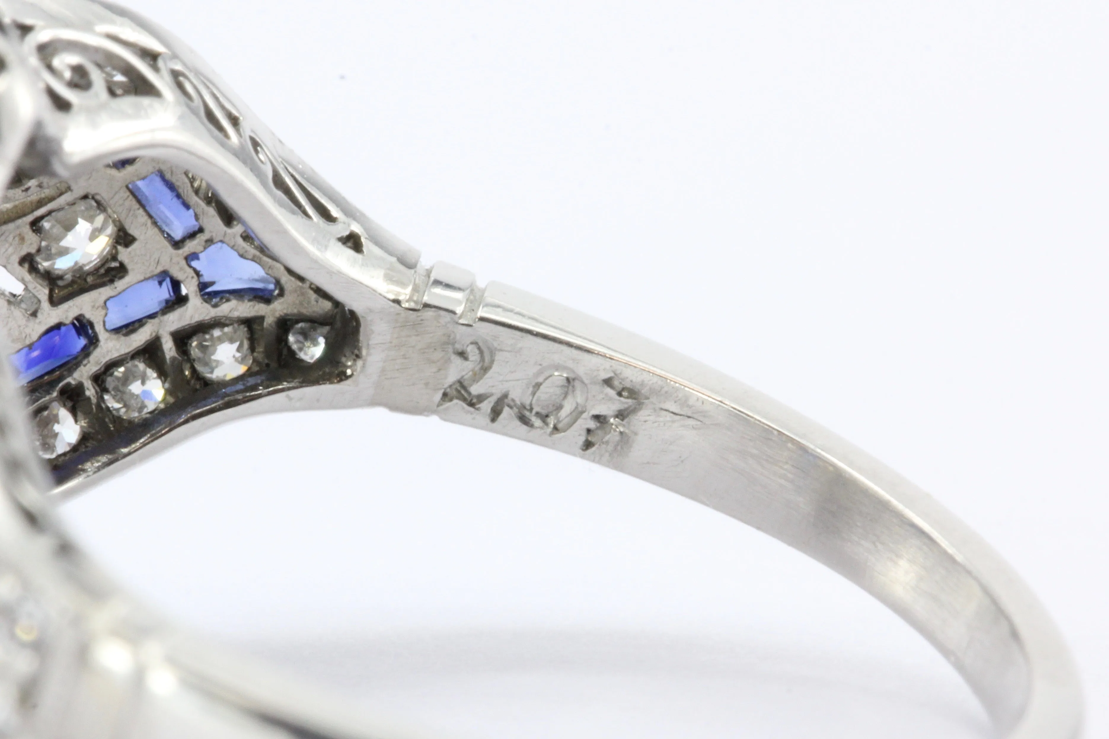 Platinum Art Deco Style 2.07 carat Old European Cut Diamond & Calibre Blue Sapphire Ring