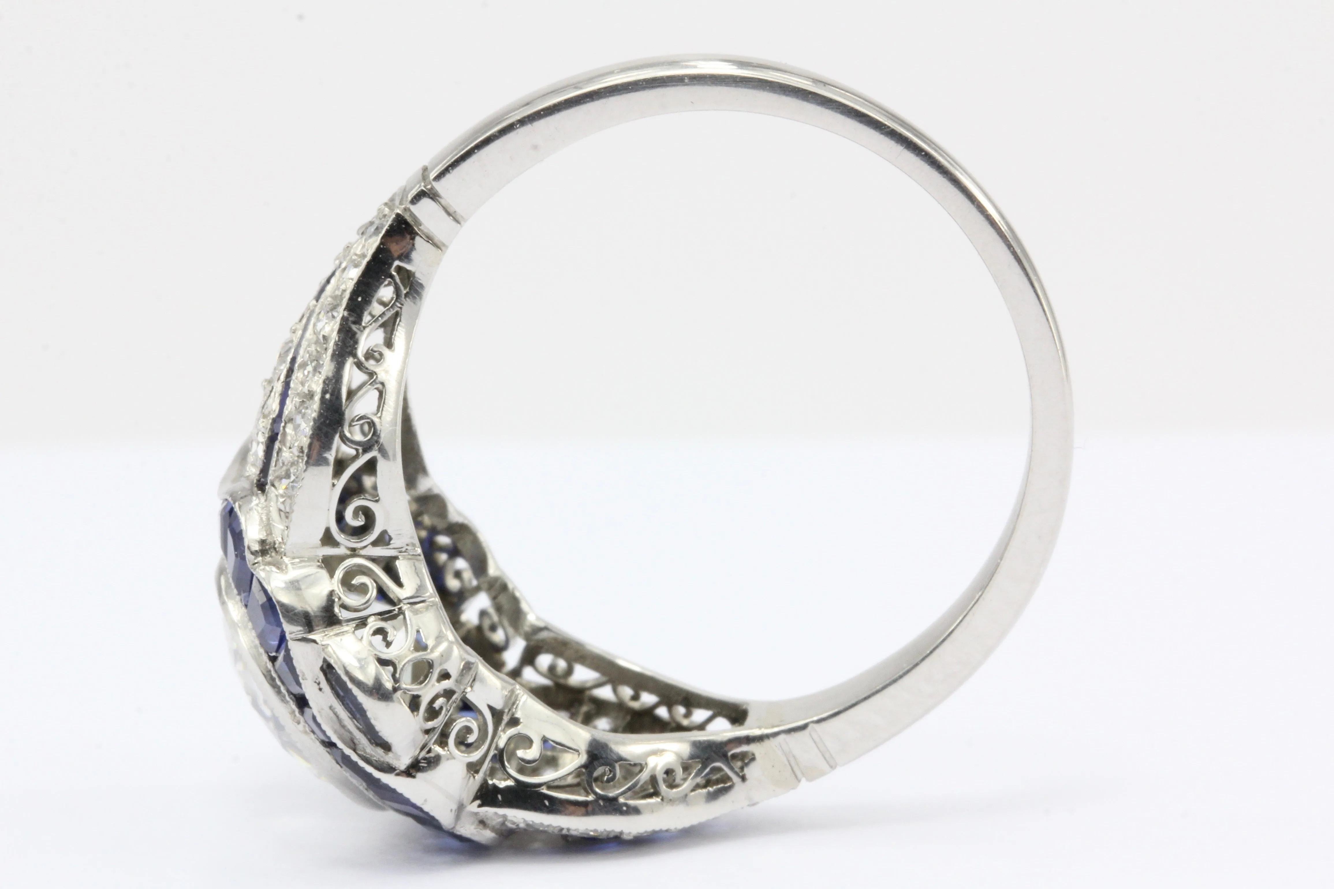 Platinum Art Deco Style 2.07 carat Old European Cut Diamond & Calibre Blue Sapphire Ring