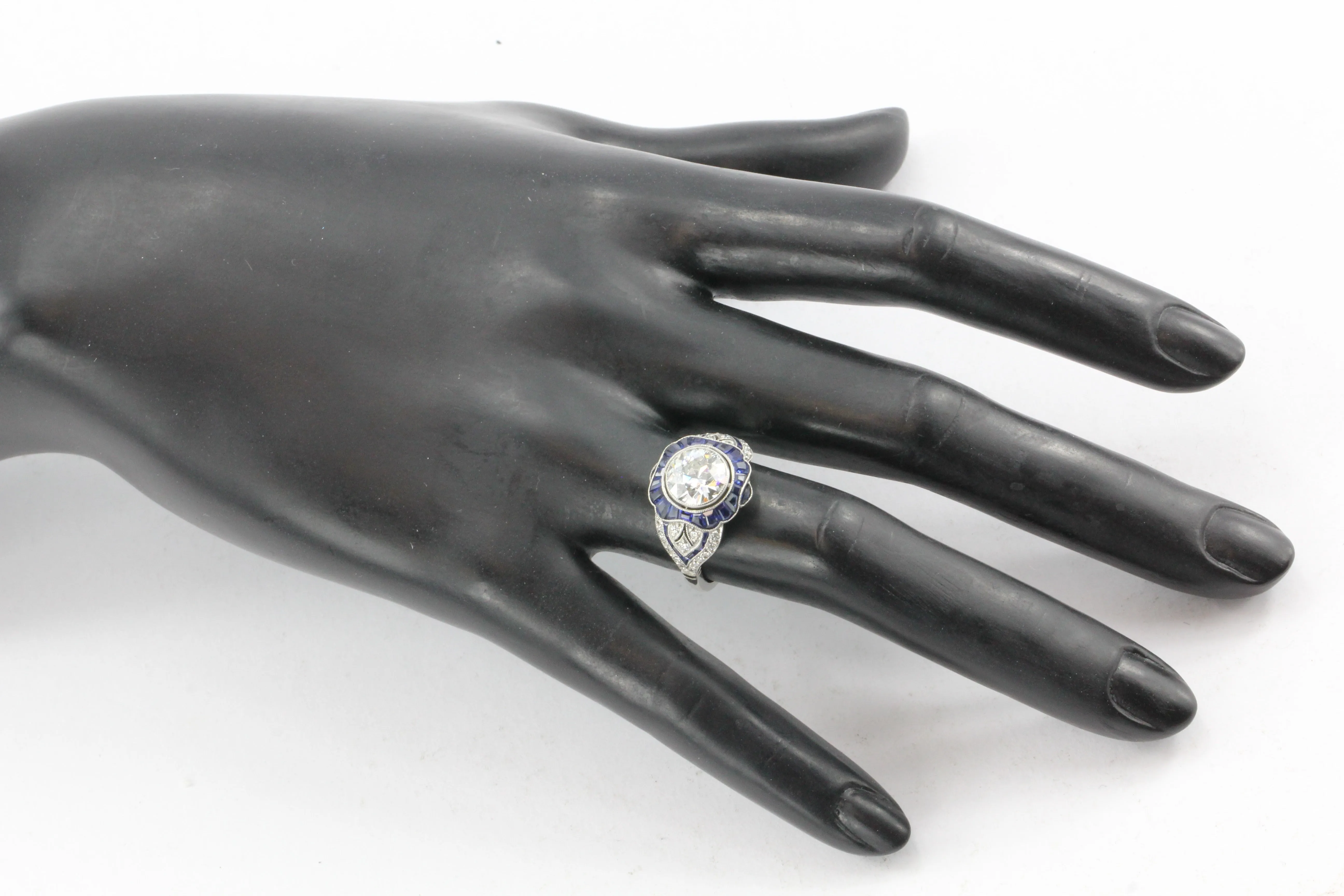 Platinum Art Deco Style 2.07 carat Old European Cut Diamond & Calibre Blue Sapphire Ring