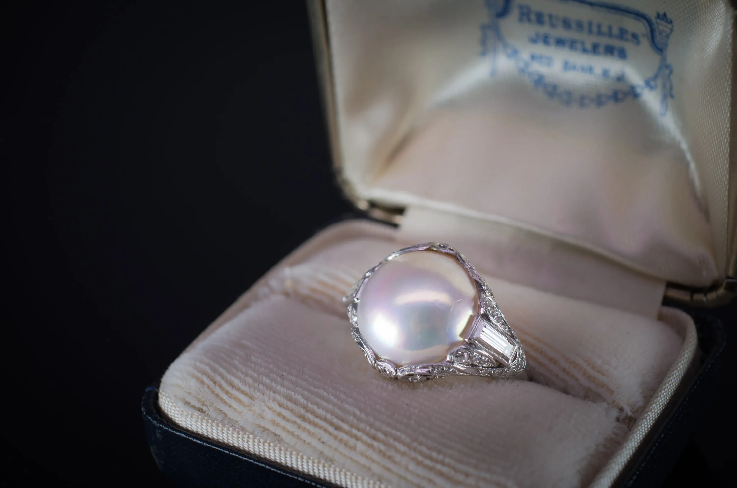 PLATINUM PEARL AND DIAMOND ART DECO RING
