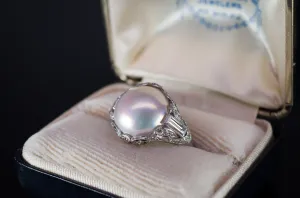 PLATINUM PEARL AND DIAMOND ART DECO RING