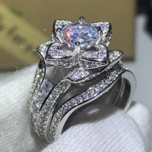 Princess Round Cut Diamond Ring Set 925 Silver Women Wedding Jewelry