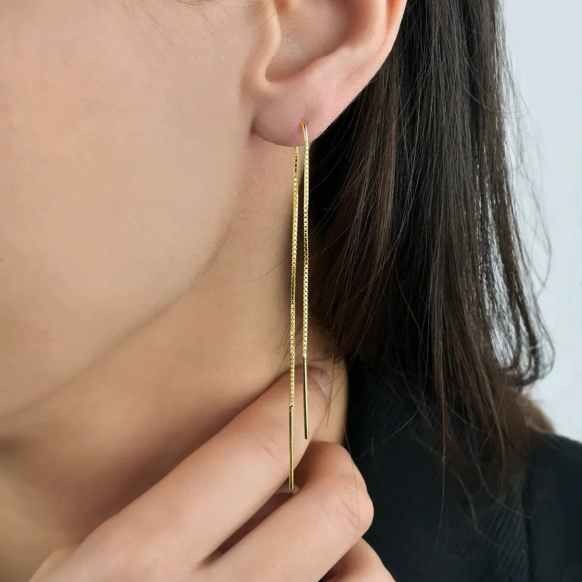 Pull Through Long Chain Threader Earrings in Silver