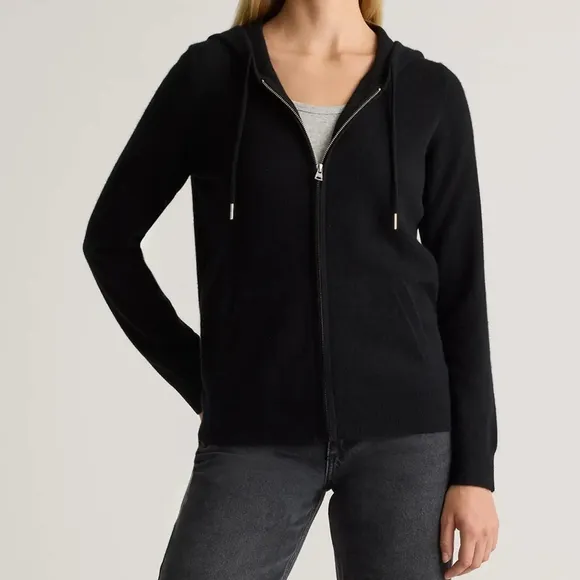 Quince Mongolian Cashmere Full-Zip Hoodie Sweater in Black Size Medium