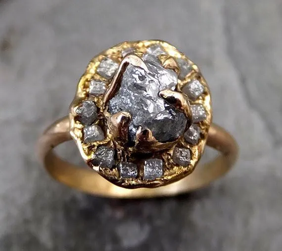 raw diamond multi stone halo engagement ring rough 18k yellow gold wedding ring diamond stacking ring rough diamond ring 0039 Alternative Engagement