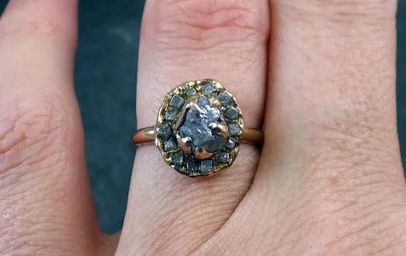 raw diamond multi stone halo engagement ring rough 18k yellow gold wedding ring diamond stacking ring rough diamond ring 0039 Alternative Engagement
