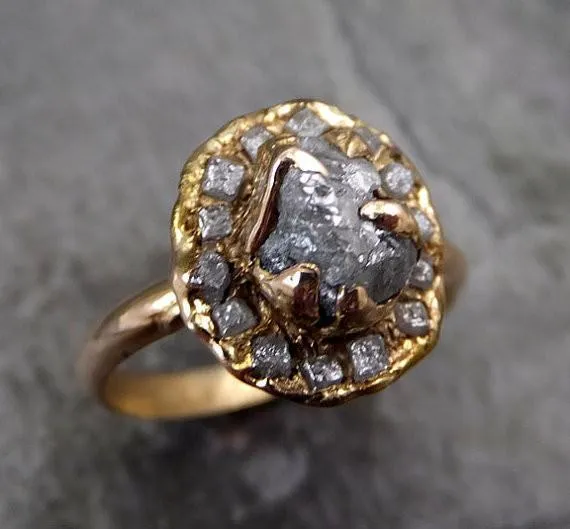 raw diamond multi stone halo engagement ring rough 18k yellow gold wedding ring diamond stacking ring rough diamond ring 0039 Alternative Engagement