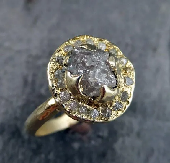 raw rough diamond halo engagement 18k gold wedding ring diamond wedding set stacking ring rough diamond ring by angeline Alternative Engagement