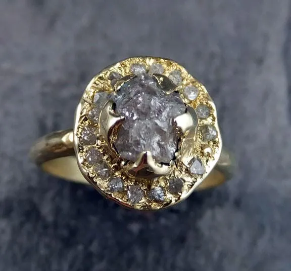 raw rough diamond halo engagement 18k gold wedding ring diamond wedding set stacking ring rough diamond ring by angeline Alternative Engagement