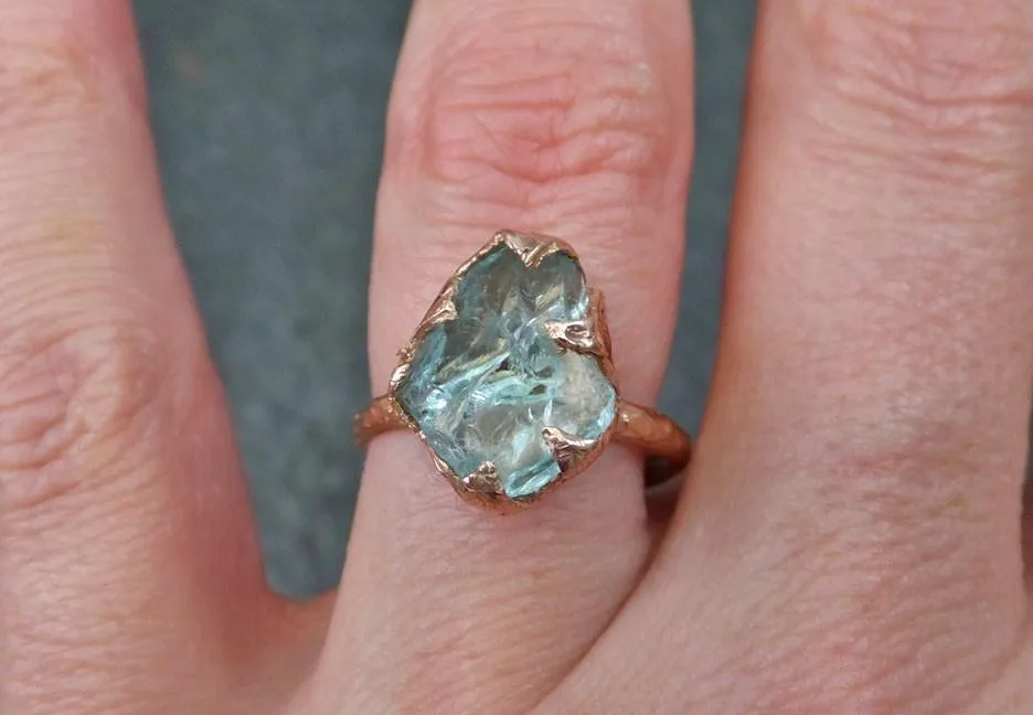 raw uncut aquamarine ring solid 14k rose gold ring wedding engagement rough gemstone ring statement ring stacking ring byangeline Alternative Engagement