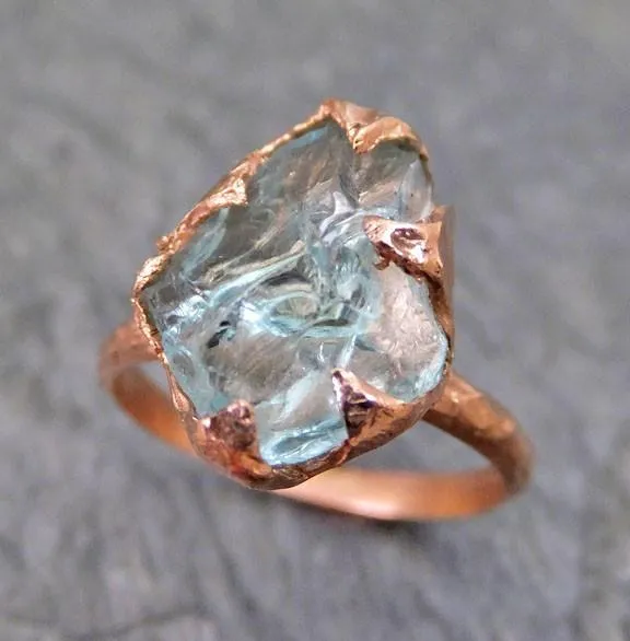 raw uncut aquamarine ring solid 14k rose gold ring wedding engagement rough gemstone ring statement ring stacking ring byangeline Alternative Engagement