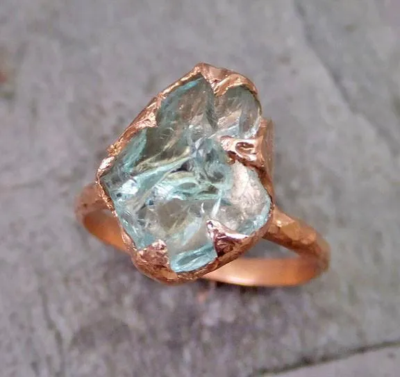 raw uncut aquamarine ring solid 14k rose gold ring wedding engagement rough gemstone ring statement ring stacking ring byangeline Alternative Engagement