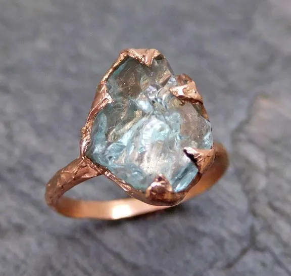raw uncut aquamarine ring solid 14k rose gold ring wedding engagement rough gemstone ring statement ring stacking ring byangeline Alternative Engagement