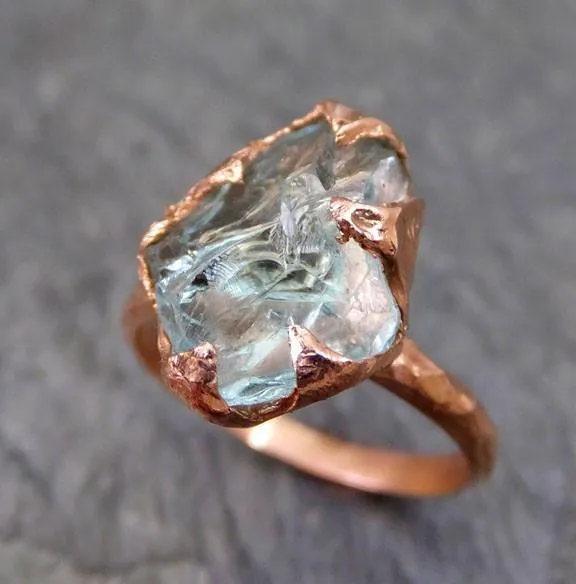 raw uncut aquamarine ring solid 14k rose gold ring wedding engagement rough gemstone ring statement ring stacking ring byangeline Alternative Engagement