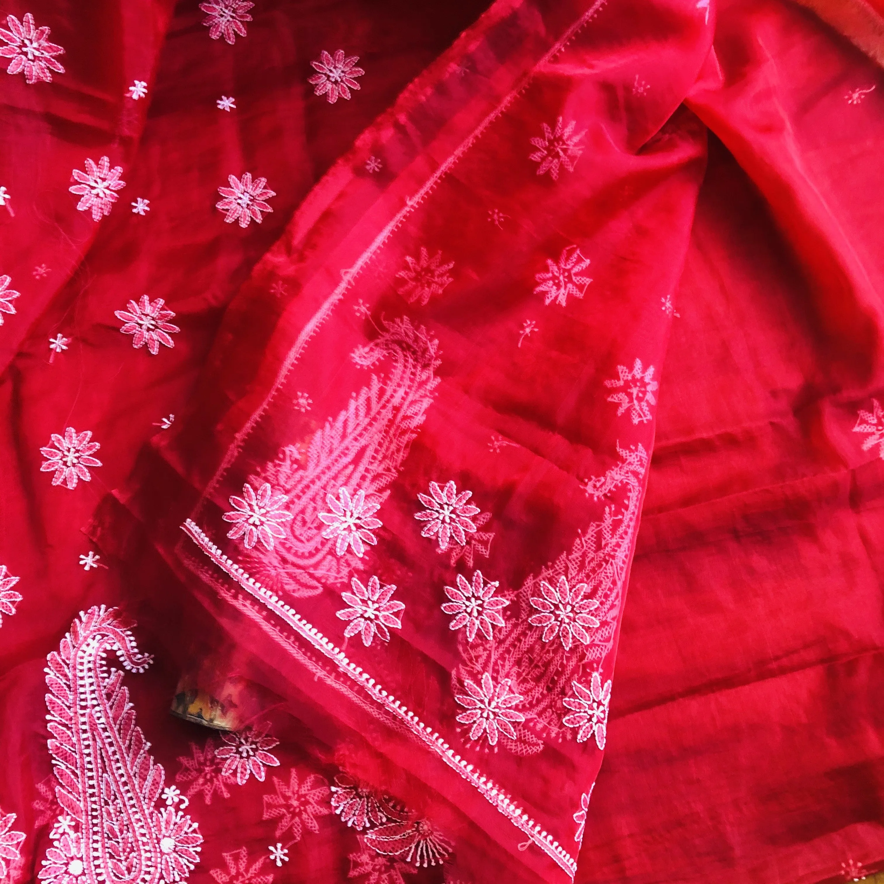 Red Organza Chikankari Saree