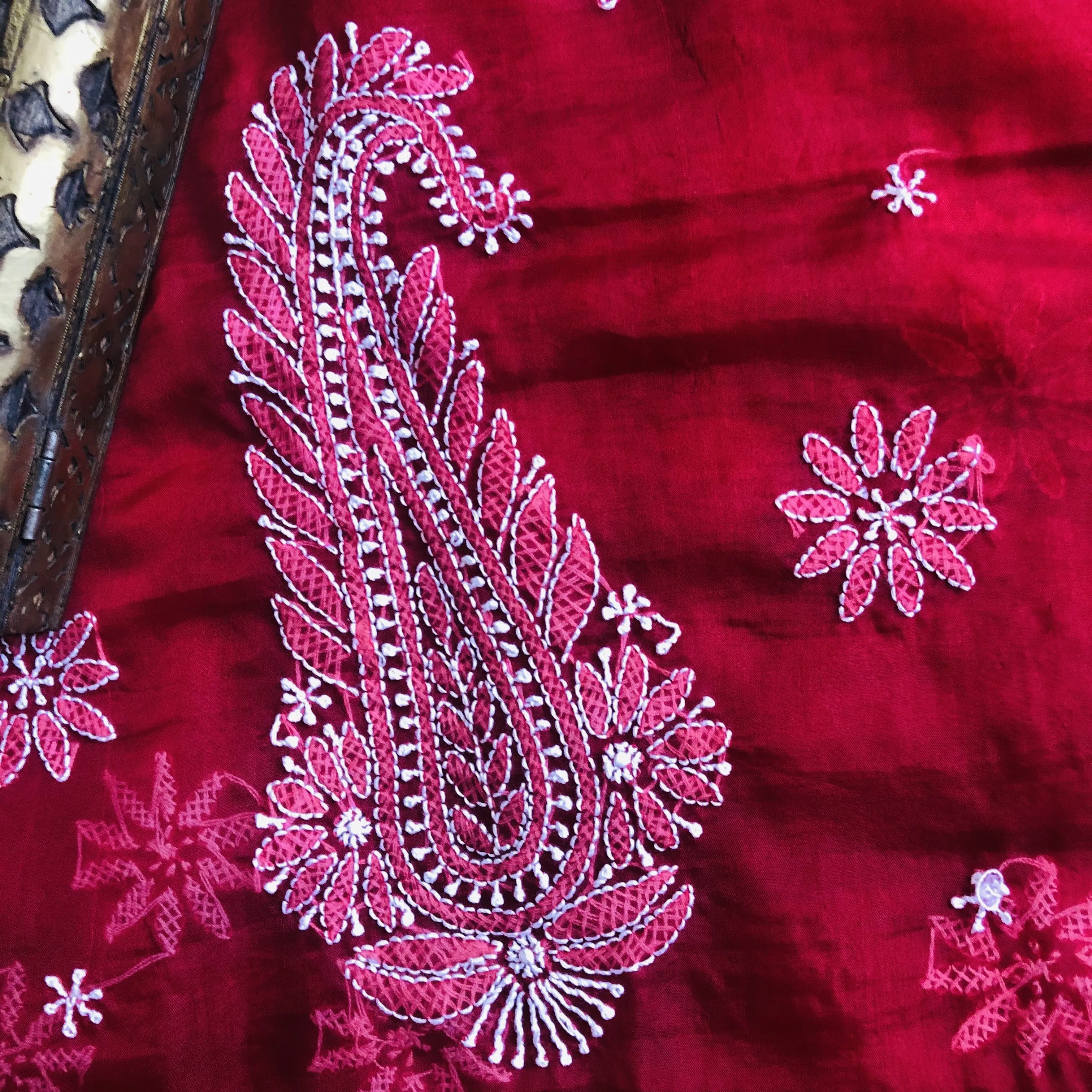 Red Organza Chikankari Saree