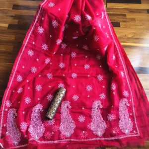 Red Organza Chikankari Saree