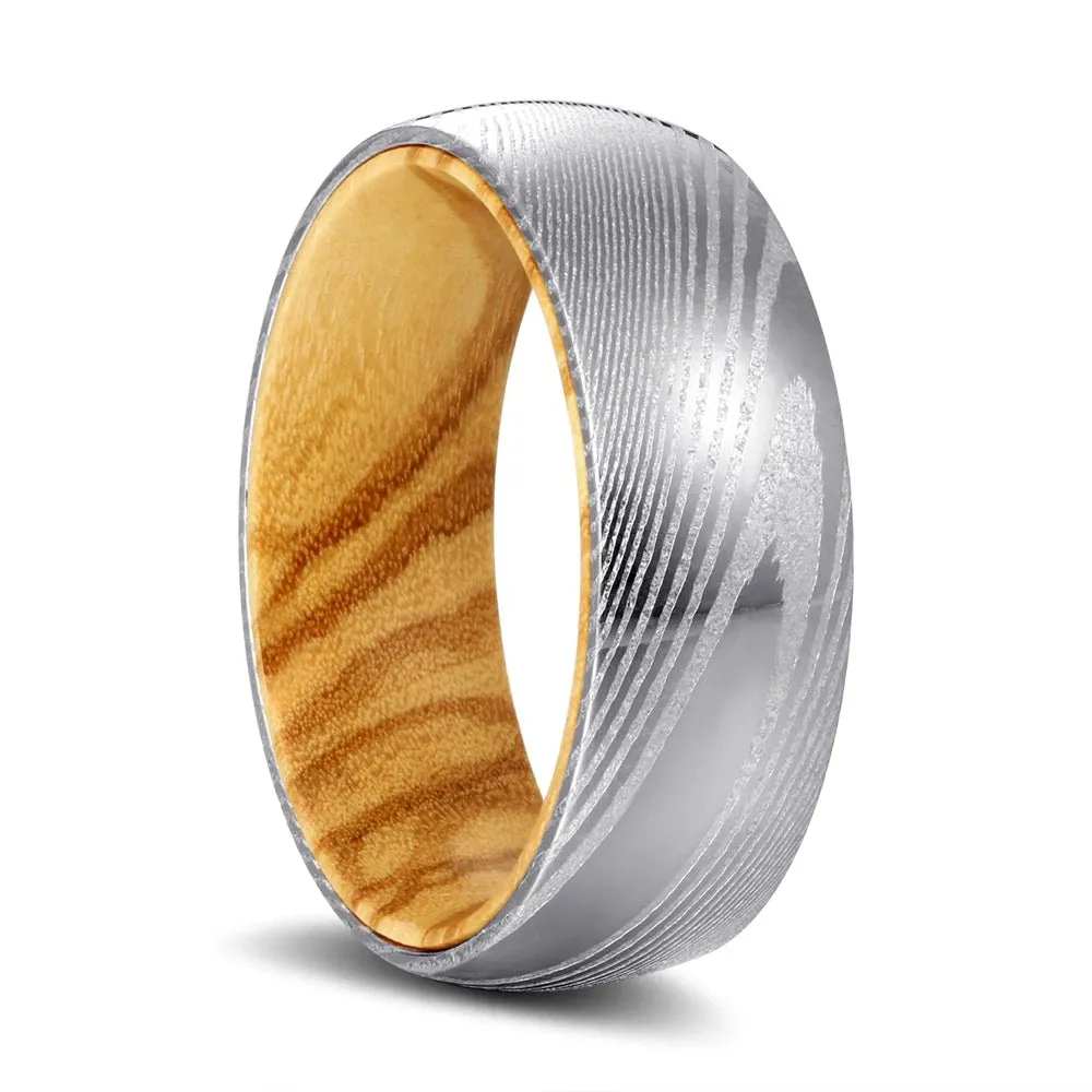 RIDGES | Olive Wood, Silver Damascus Steel, Domed