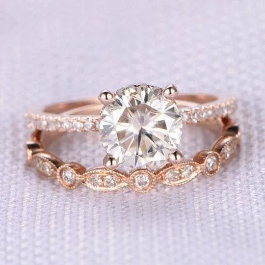 Rose Gold 2.0ct Round Cut Art Deco Bridal Set