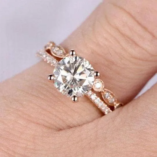 Rose Gold 2.0ct Round Cut Art Deco Bridal Set
