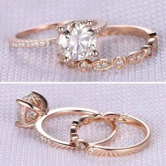 Rose Gold 2.0ct Round Cut Art Deco Bridal Set