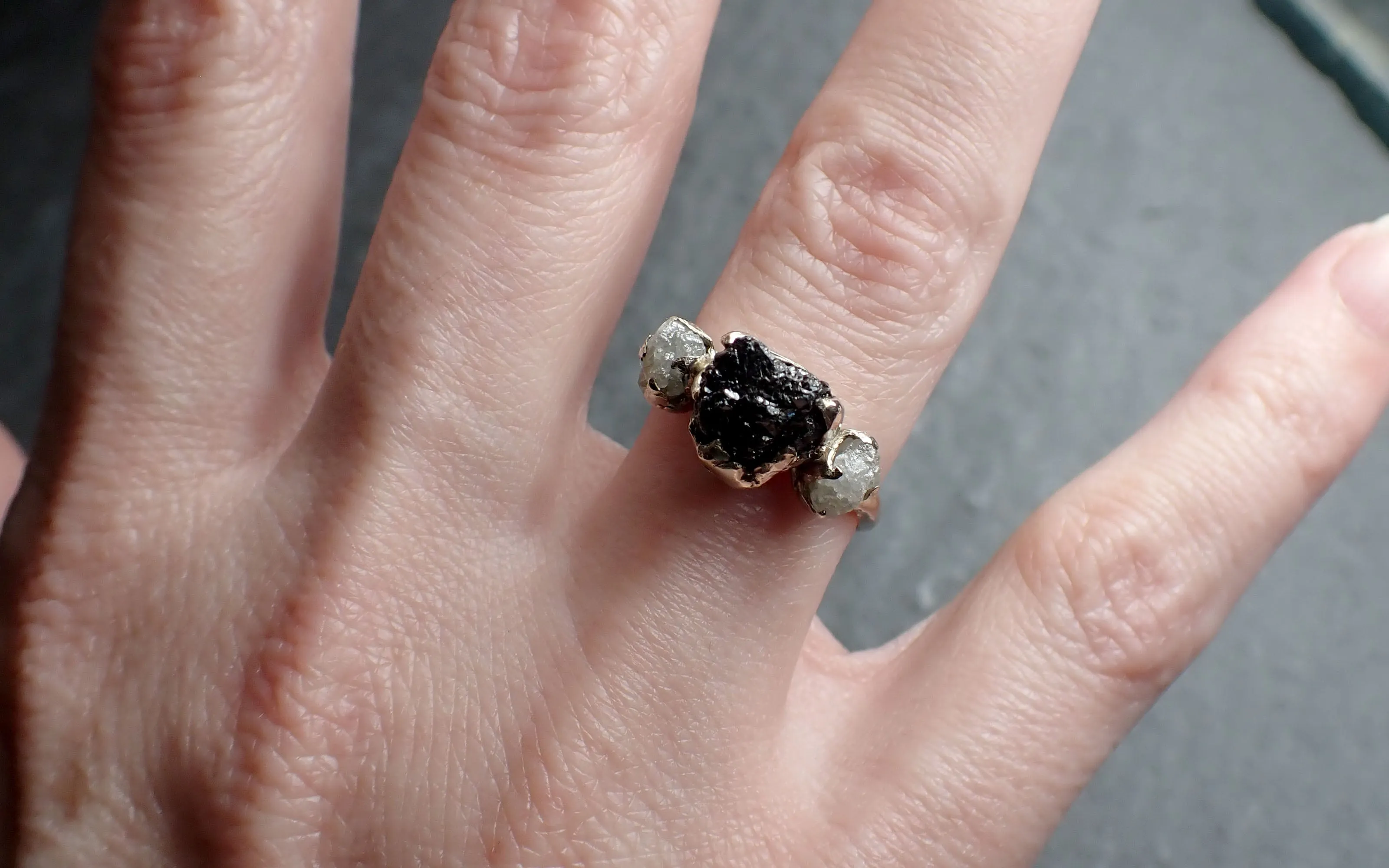 rough diamond engagement ring raw 14k white black gold wedding ring wedding set diamond three stone rough diamond ring byangeline 2443 Alternative Engagement
