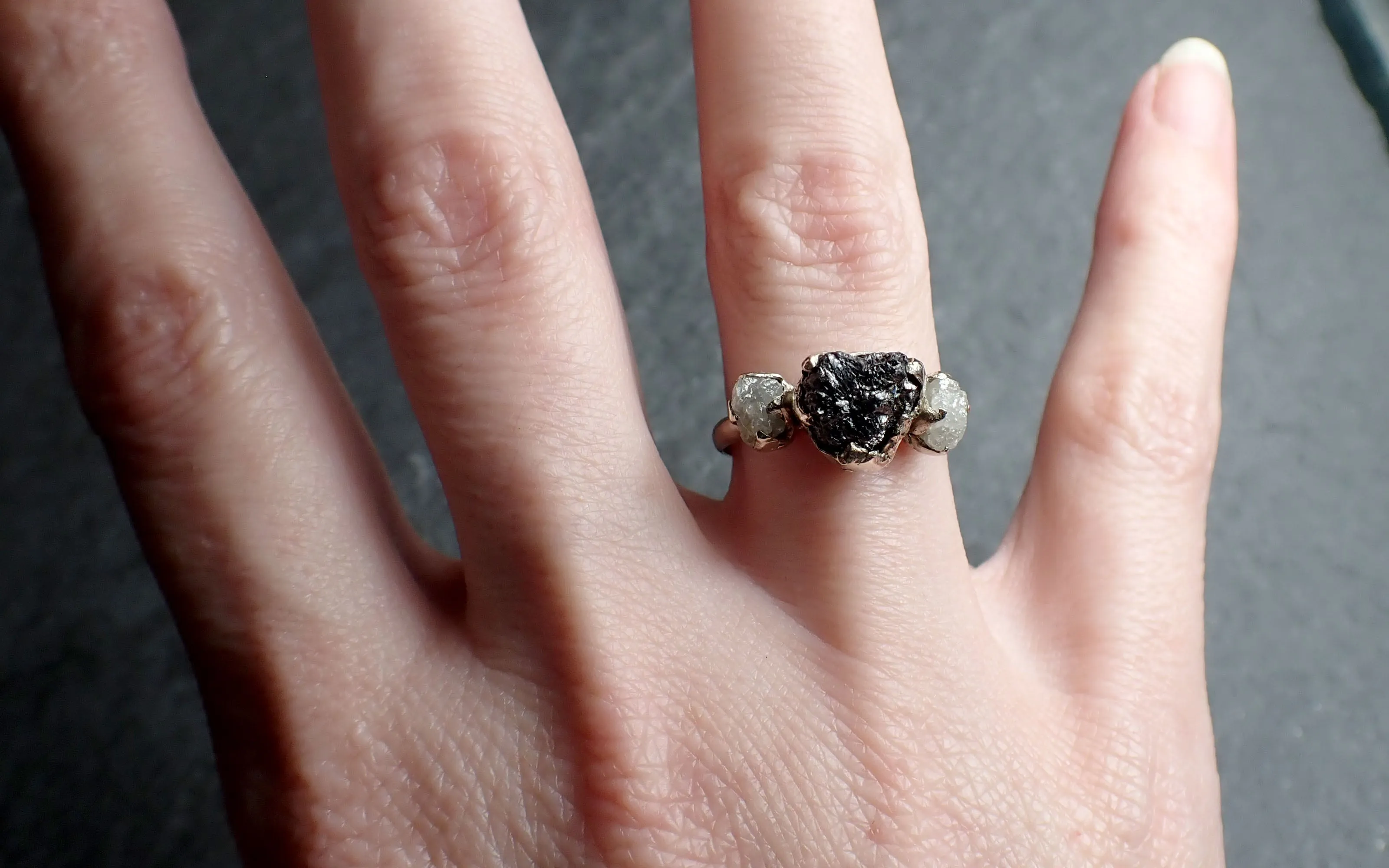 rough diamond engagement ring raw 14k white black gold wedding ring wedding set diamond three stone rough diamond ring byangeline 2443 Alternative Engagement