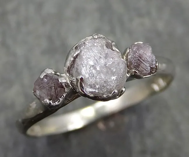 rough pink grey diamond engagement ring raw 14k white gold wedding ring diamond multi stone rough diamond ring 0601 Alternative Engagement