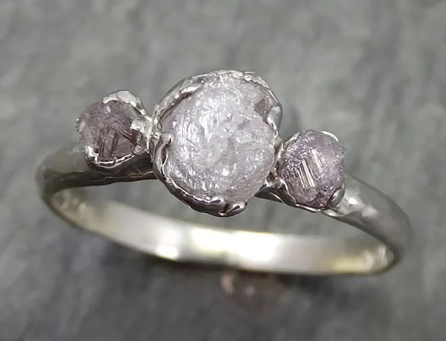 rough pink grey diamond engagement ring raw 14k white gold wedding ring diamond multi stone rough diamond ring 0601 Alternative Engagement