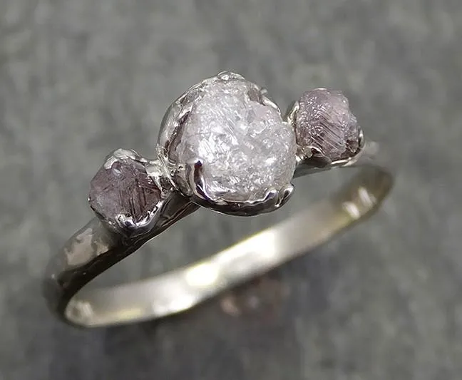 rough pink grey diamond engagement ring raw 14k white gold wedding ring diamond multi stone rough diamond ring 0601 Alternative Engagement