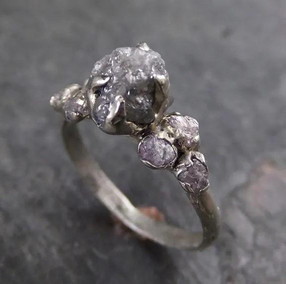rough pink grey diamond engagement ring raw 14k white gold wedding ring diamond multi stone rough diamond ring Alternative Engagement