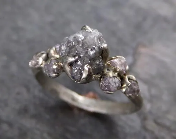rough pink grey diamond engagement ring raw 14k white gold wedding ring diamond multi stone rough diamond ring Alternative Engagement
