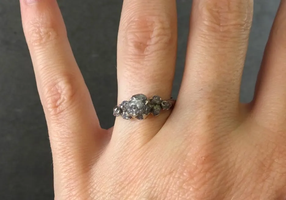 rough pink grey diamond engagement ring raw 14k white gold wedding ring diamond multi stone rough diamond ring Alternative Engagement
