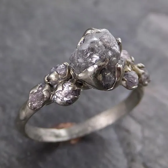 rough pink grey diamond engagement ring raw 14k white gold wedding ring diamond multi stone rough diamond ring Alternative Engagement