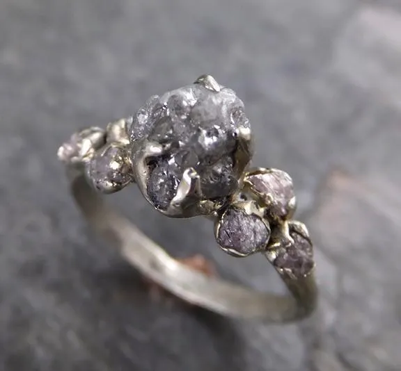 rough pink grey diamond engagement ring raw 14k white gold wedding ring diamond multi stone rough diamond ring Alternative Engagement