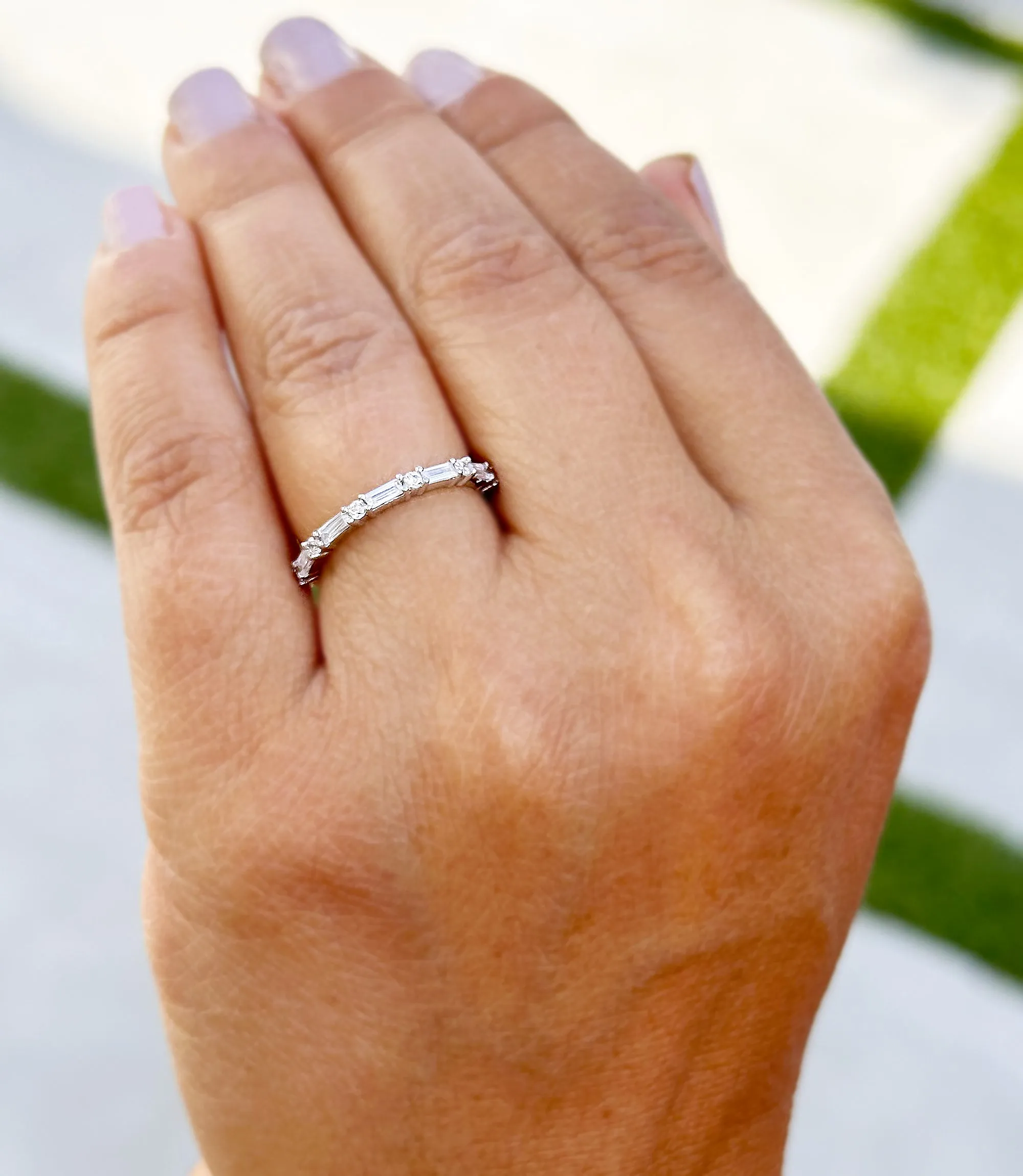 Round And Baguettes Cut CVD Diamond Band Minimalist Stackable Band Set In 14k Solid White Gold Anniversary Bridal Band Gift For Her 0.40cw