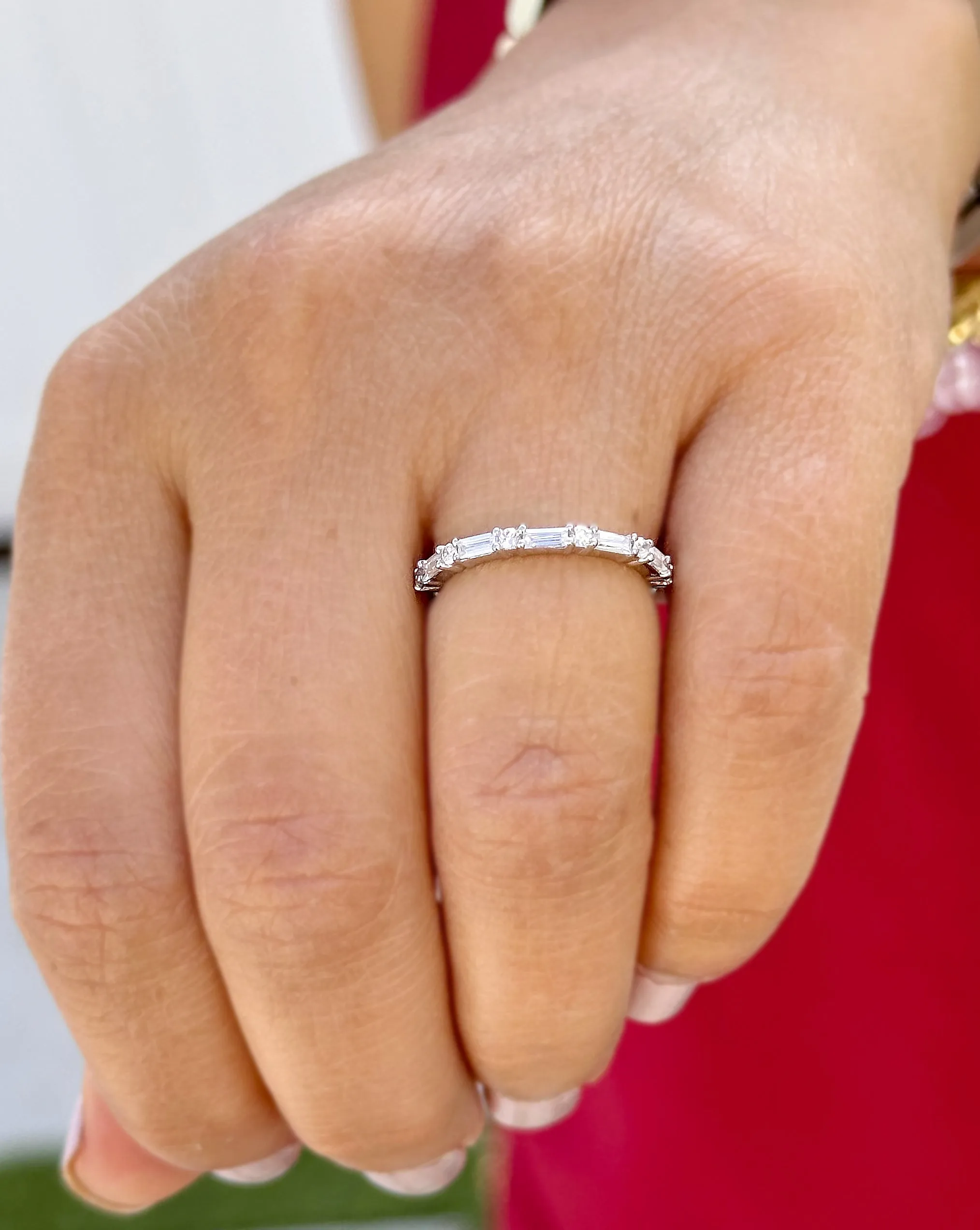 Round And Baguettes Cut CVD Diamond Band Minimalist Stackable Band Set In 14k Solid White Gold Anniversary Bridal Band Gift For Her 0.40cw