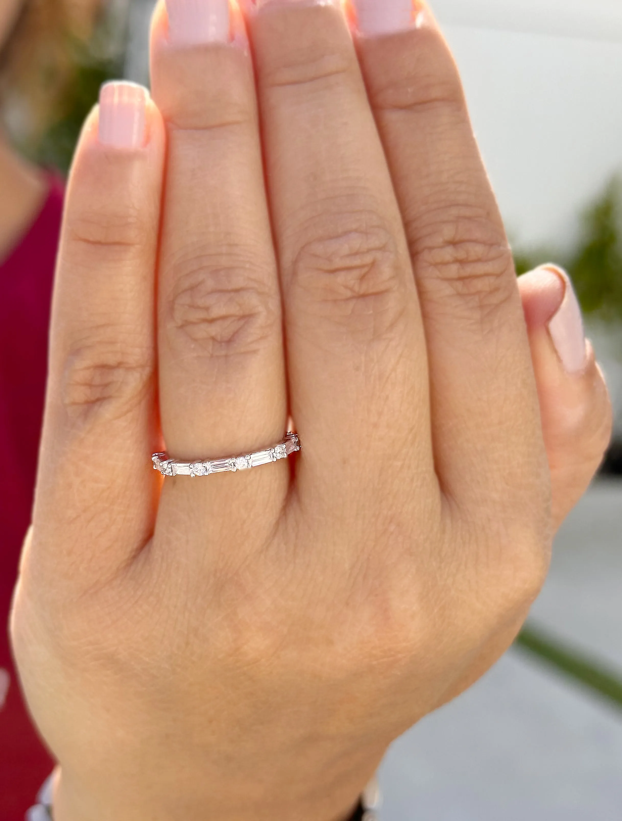Round And Baguettes Cut CVD Diamond Band Minimalist Stackable Band Set In 14k Solid White Gold Anniversary Bridal Band Gift For Her 0.40cw